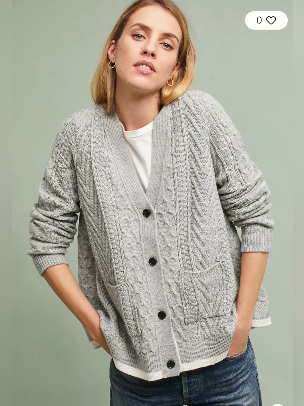 Anthropologie Grey Chunky Fisherman Knit Swing Cardigan Academia Preppy Cozy